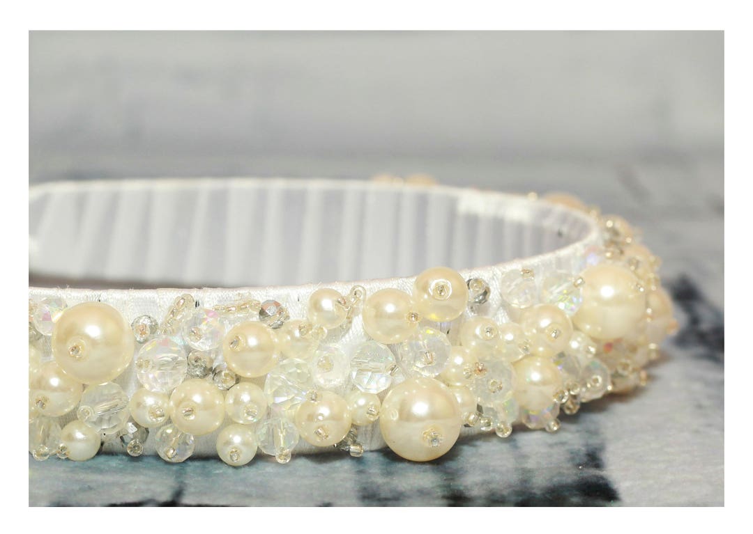 Crystal, Beads, and Pearls White Bridal Headband Elegant Hair Accessory