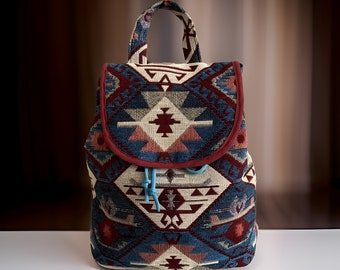 BLUE Armenian Bohemian Backpack: Ethnic Rug Tribal Purse with Authentic Armenian Motif, Ink Blue Armenian Gift, Armenian Taraz Backpack
