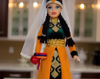 Orange Traditional Taraz Dress - Taraz Doll with Veil and Lace - Matriarch Traditional Cultural Figurine - Armenian Barbie