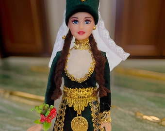 Armenian Barbie Doll: Authentic Hunter Green Taraz Design with Intricate Golden Coin and Veil - Traditional Cultural Figurine for Collectors