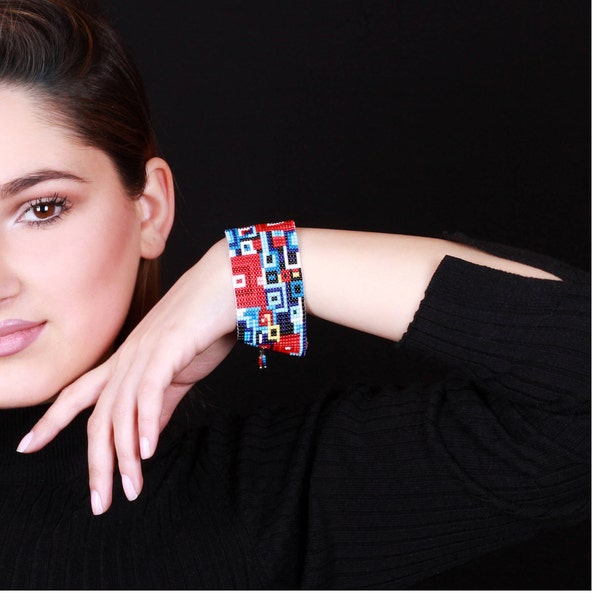 Armenian Handmade Multicolor Payote Beaded Cuff Bracelet with Square Geometric Designs - Large and Unique Handcrafted Gift