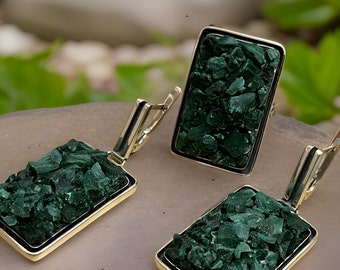 Contemporary Green Malachite Earrings and Ring Set - Sterling Silver Dangles - Natural Stone Jewelry