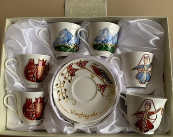 Set of 6 HAND-DRAWN Espresso Coffee Cup and Saucer Set - Armenian Wedding Gift - Ararat Mountain - Pomegranate - Armenian Girls