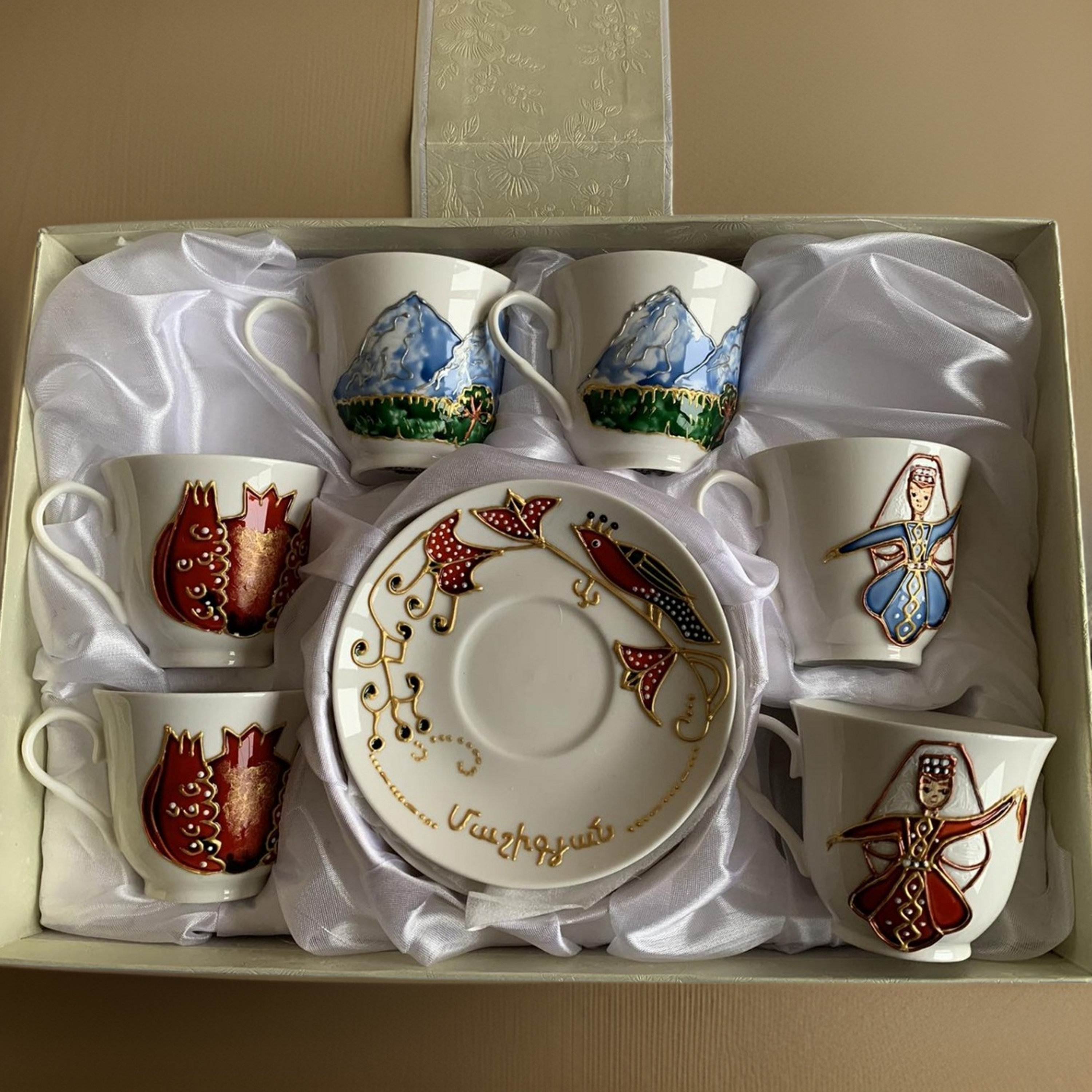 Set of 6 HAND-DRAWN Espresso Coffee Cup and Saucer Set - Armenian