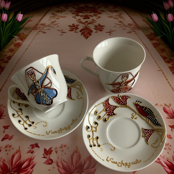 Set of 6 HAND-DRAWN Espresso Coffee Cup and Saucer Set - Armenian