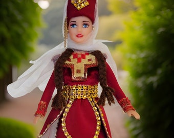 Pomegranate Red Traditional Taraz Dress - Taraz Doll with Veil and Lace - Matriarch Traditional Cultural Figurine - Armenian Barbie