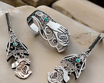 Armeens zilveren ringoorbellen met granaatappel turkoois detail - traditioneel 925 - Armeens cadeau - Armeense sieraden - Armeens ontwerp