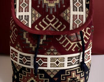 Handmade Armenian Alphabet Backpack Bag - Ethnic Carpet Rug Gift for Her