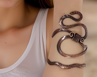 Snake Copper Wire-Wrapped Large Cuff Arm Bracelet - Goddess Jewelry - Armor Bracelet - Fantasy Statement Piece - Armenian Handmade