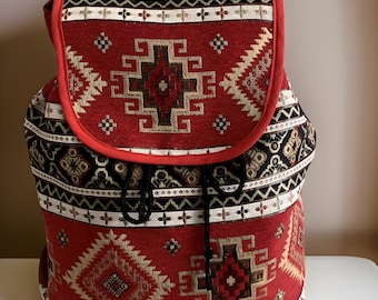 Armenian Bohemian Backpack Ethnic Rug Purse with Tribal Motif - Dark Burgundy Red Carpet Bag - Authentic Armenian Gift