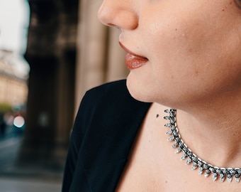 Armenian Inspired Bohemian Melchior Nickel Alloy Teardrop Flower Beads Choker Necklace - Vintage Layered Chain Gypsy Girls Jewelry