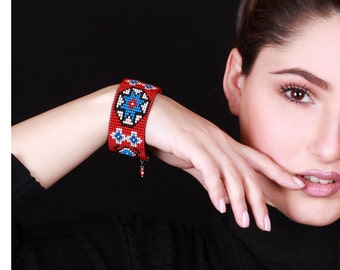 Red Blue Abstract Beaded Cuff Bracelet - Statement Jewelry - Gift for Her