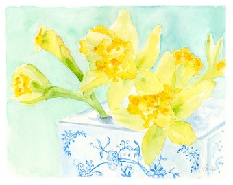 Daffodil and Chinoiserie Watercolor Art Print, 8 x10