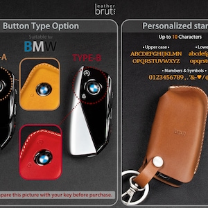 May include: Two different types of key fob covers for a BMW car key. The covers are made of leather and have a button on the side. The covers are available in red, yellow, and black. The image also shows a brown leather key fob cover with a personalized stamp option.