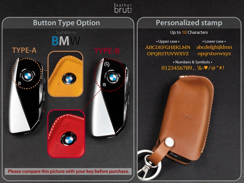 May include: Two different types of key fob covers for a BMW car key. The covers are made of leather and have a button on the side. The covers are available in red, yellow, and black. The image also shows a brown leather key fob cover with a personalized stamp option.