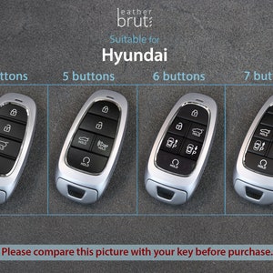 May include: Four different Hyundai car key fobs with varying numbers of buttons. The key fobs are silver with black buttons and are arranged in a row from left to right. The text "4 buttons", "5 buttons", "6 buttons", and "7 buttons" is displayed above each key fob. The text "Please compare this picture with your key before purchase." is displayed below the key fobs.
