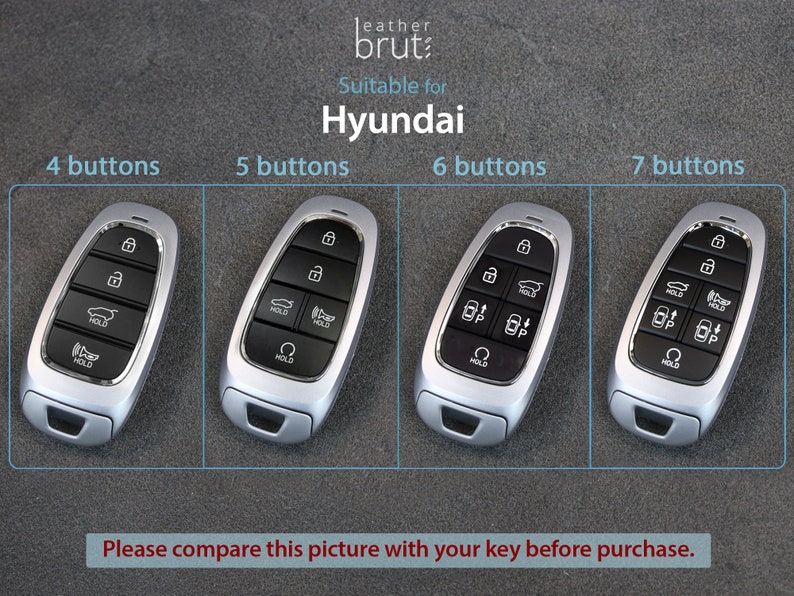 May include: Four different Hyundai car key fobs with varying numbers of buttons. The key fobs are silver with black buttons and are arranged in a row from left to right. The text "4 buttons", "5 buttons", "6 buttons", and "7 buttons" is displayed above each key fob. The text "Please compare this picture with your key before purchase." is displayed below the key fobs.