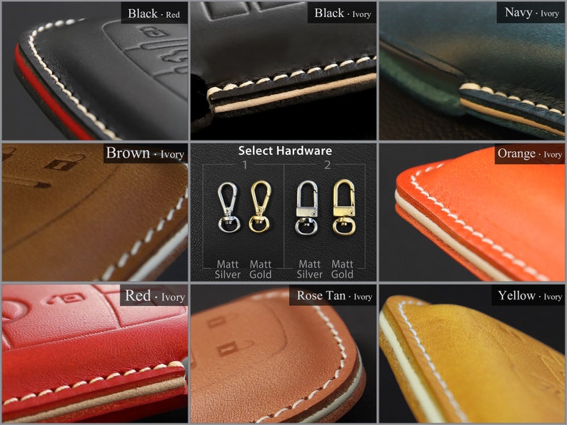 Pu&ograve; includere: Primo piano di diversi copri chiavi in pelle di diversi colori, tra cui nero, marrone, rosso, arancione, giallo, rosa e blu navy. Le cover hanno un dettaglio di cucitura bianca e sono mostrate con due diverse opzioni di hardware: argento e oro.