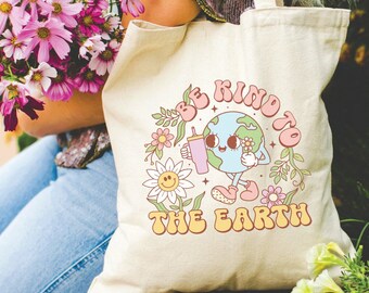 Cotton Canvas Tote Bag: Be Kind to the Earth, Retro Planet Design