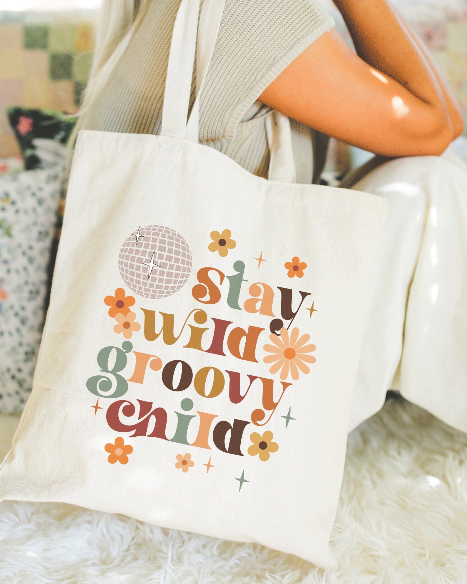 Rest&Recreation☆COTTON SHOULDER BAG (3color) Stay Wild Groovy Child 100% Cotton Canvas Tote Bag, Disco