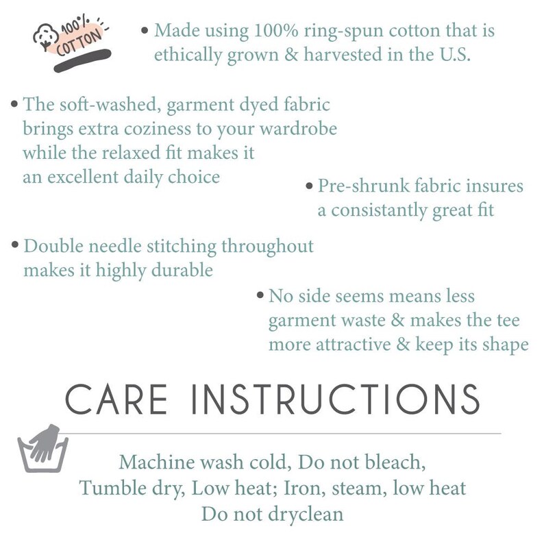 May include: White graphic with text about the features of a garment, including 100% cotton, soft-washed fabric, and double needle stitching. Care instructions are also listed: machine wash cold, do not bleach, tumble dry low, iron, steam, low heat, do not dry clean.