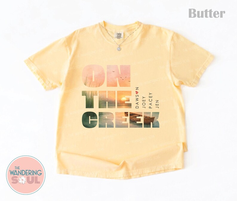 Vintage inspired Comfort Colors unisex t-shirt with coastal creek sunset artwork, popular 90s nostalgia aesthetic graphic tee. Dawson's Creek