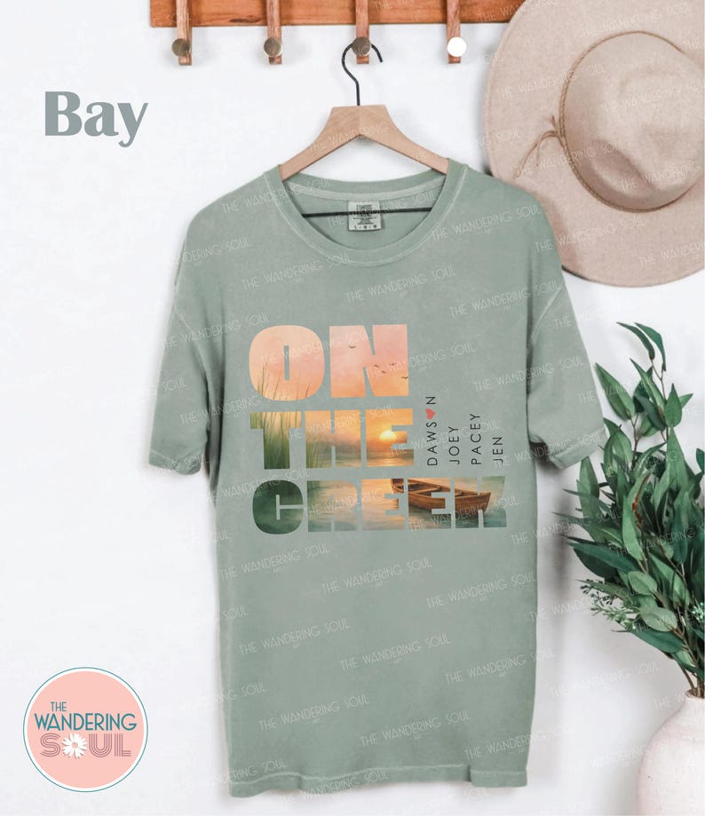 90s inspired nostalgia graphic tee on Comfort Colors shirt, coastal sunset watercolor artwork, popular vintage style clothing. Dawsons Creek