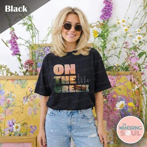 Comfort Colors retro aesthetic tee featuring creek sunset graphic, nostalgic vintage inspired unisex millennial fashion shirt