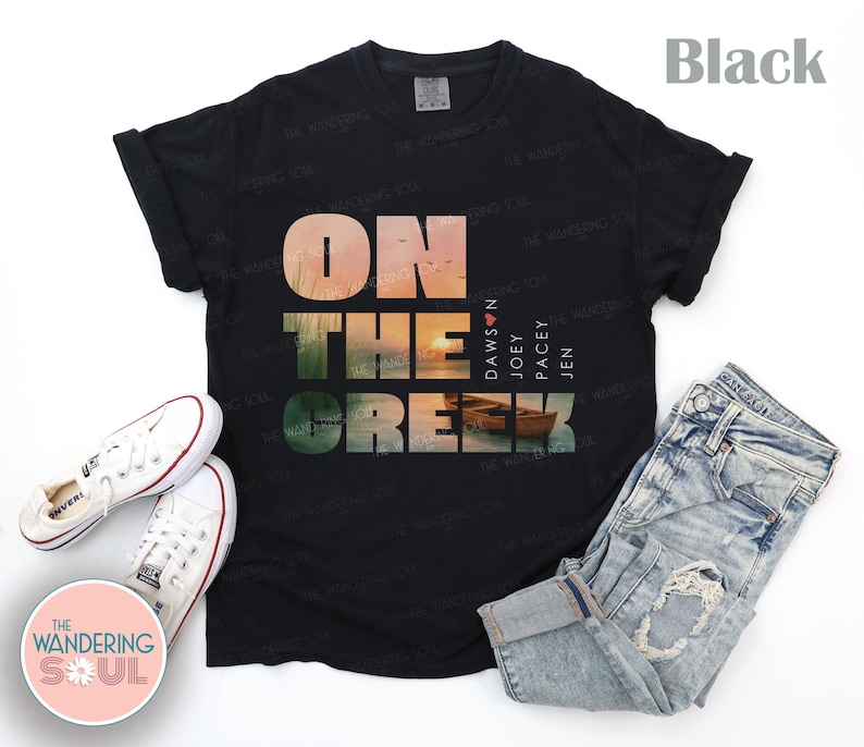 Trendy Comfort Colors cream shirt with retro sunset creek illustration, millennial aesthetic vintage graphic tee fashion. Dawson's Creek