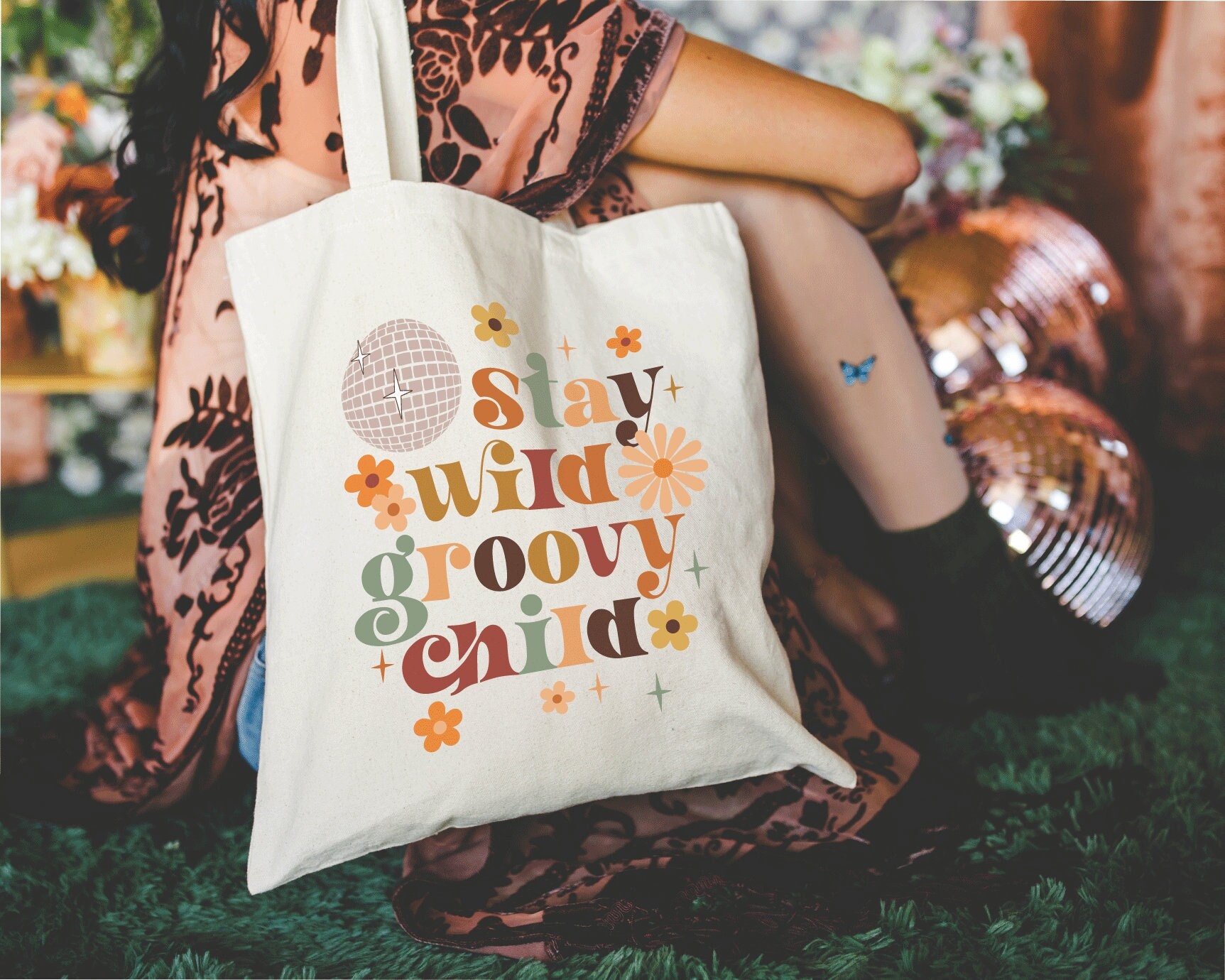 Stay Wild Groovy Child 100% Cotton Canvas Tote Bag, Disco