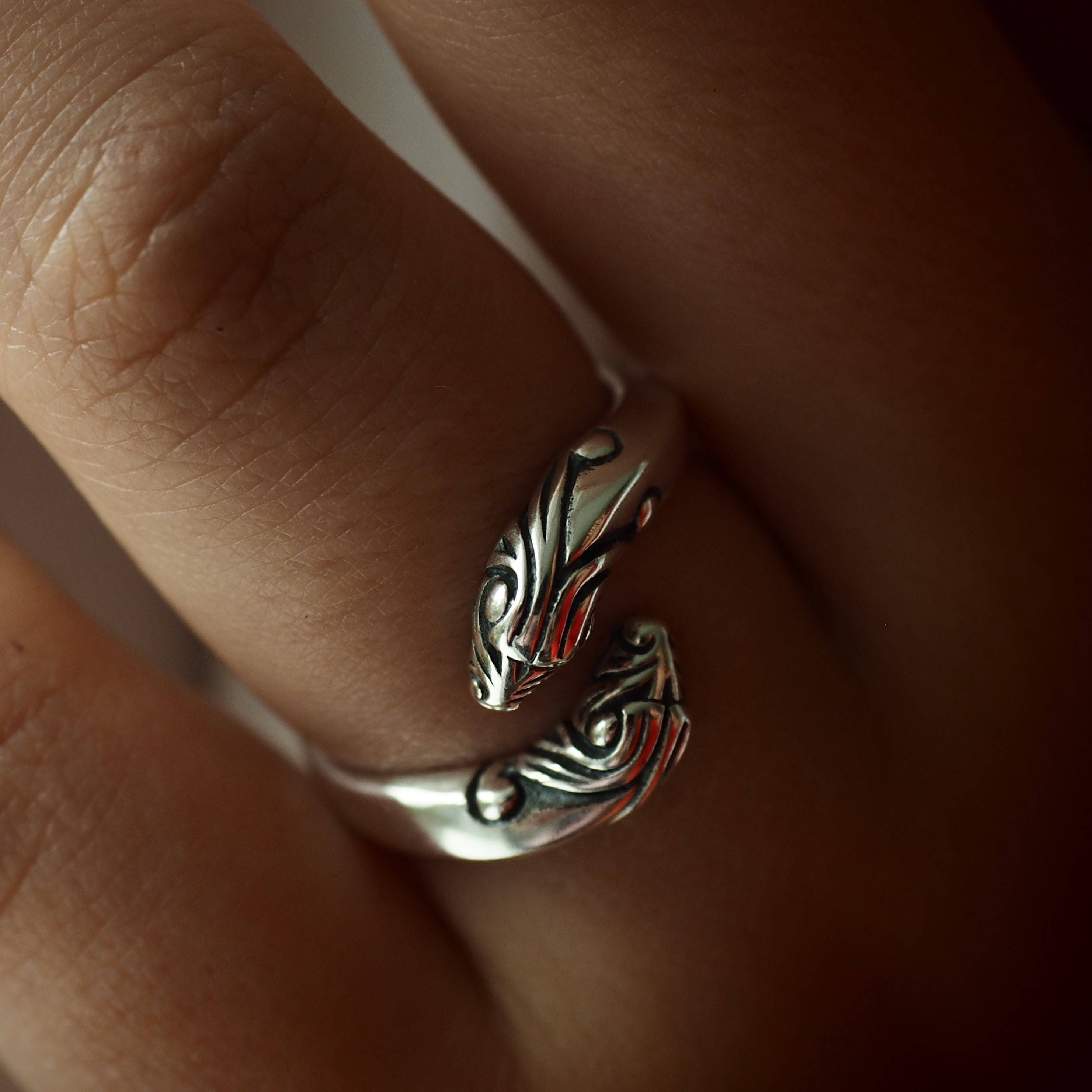 Two Dragon Rings Animal Two Headed Dragon or Serpent Silver Ring in Viking Ringerike ...