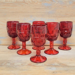 6 Wine Glass Goblets Georgian Ruby by Viking Patterned Colored Glassware Retro Vintage Stemware