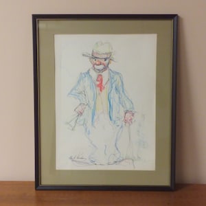 Hobo Clown Drawing by Allan A. Davidson Framed & Signed Artwork Cray-pas Oil Pastels Pen Sketch