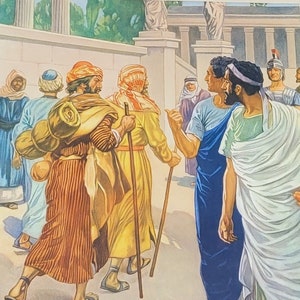 May include: A group of people in colorful clothing walk along a path. One person carries a brown bag on their back. The people are walking towards a building with columns.