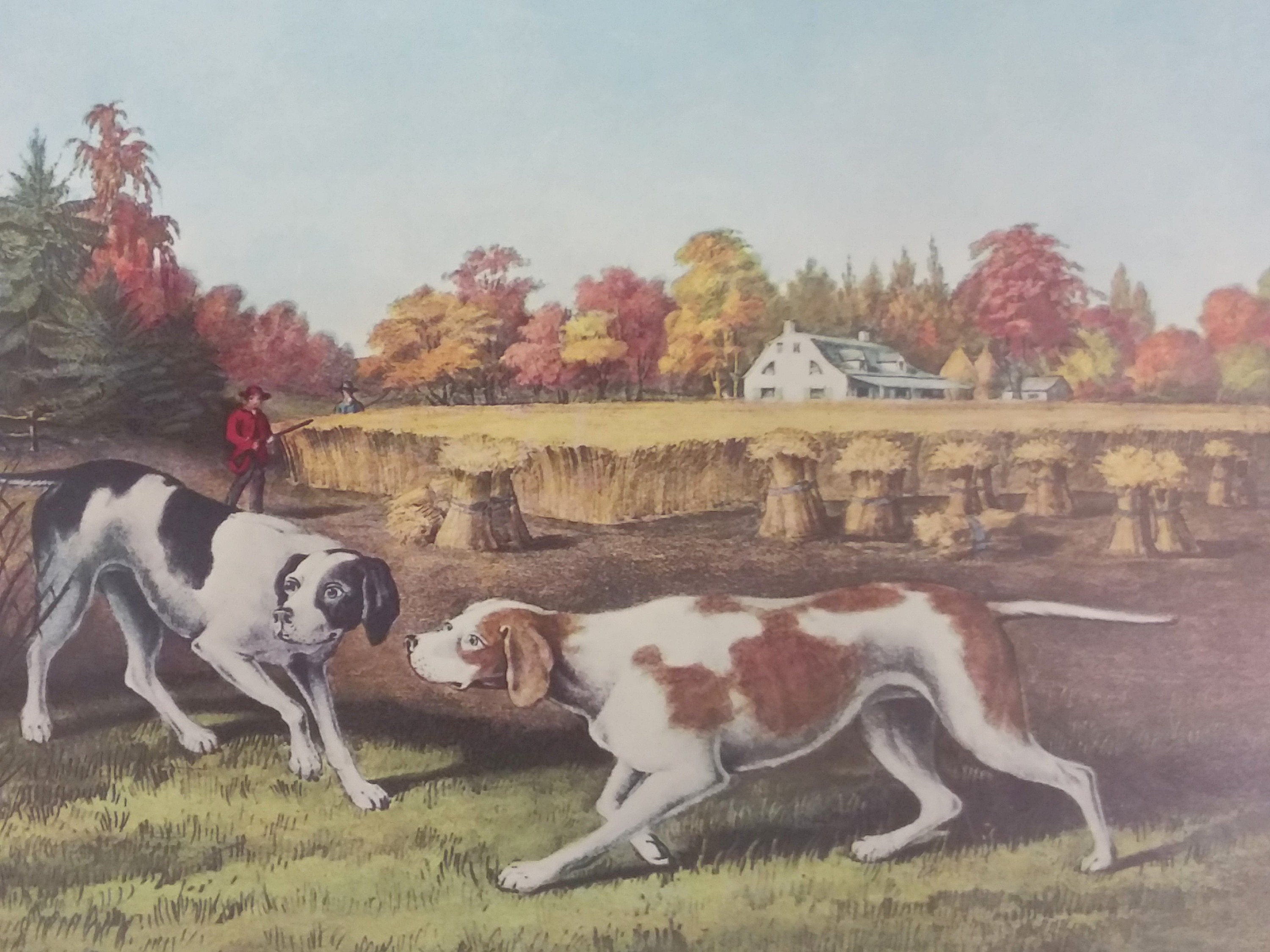 On a Point ~ Currier & Ives Calendar Print Game Bird Hunting Scene with Dog Fanny Palmer artwork