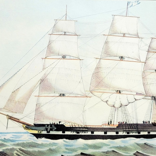 Homeward Bound Clipper Ship, Currier & Ives Lithograph Book Plate Art Print: early American mast rigged sailing vessel