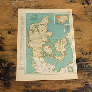 1935 Carte du Danemark et de l’Islande OU Irlande Atlas mondial antique Des îles britanniques Impression vintage pour l’encadrement