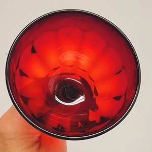 May include: A top-down view of a ruby red glass with a black rim. The glass has a textured interior and a clear, circular base. The glass is held by a hand, with the background out of focus.