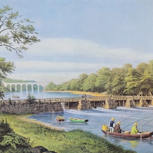 May include: A painting of a river scene with a wooden bridge, a stone wall, and three people fishing in a boat. The river is flowing under a stone arch bridge in the distance. There are trees on both sides of the river.