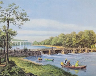 Bass Fishing at Macomb's Dam Harlem River, N.Y. ~ Currier & Ives Lithograph Reproduction Artwork Print, Fishing Scene