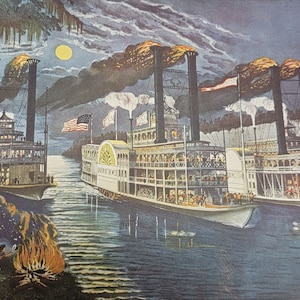 The Champions of the Mississippi, A Race for the Buckhorns Currier & Ives Lithograph Art Print: early American steamboat scene
