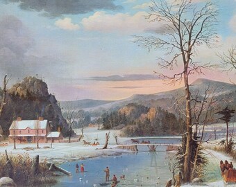 Wintertime Stop At The Inn Currier & Ives Calendar Art Print 1860s Lithograph Reprint Early American Country Ice Skating Scene
