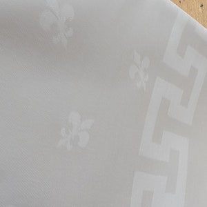 Square Vintage Damask Solid White Tablecloths: Fleur dis Lis, Greek Keys, Service Linen Supply