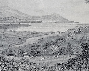 May include: A black and white engraving depicting a landscape with a river winding through a valley towards a bay.  The scene is framed by trees and hills in the distance.