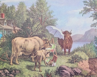May include: A painting of a rural scene with two cows, a farmhouse, and a person painting. The cows are standing in a field with a white umbrella over a painting easel. The farmhouse is in the background with a person standing on the porch.