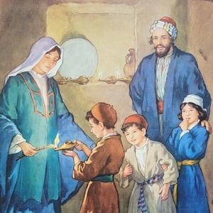 George T. Tobin Vintage Illustration &quot;Festival Lamps&quot; Feast of Lights Mathew 5:16 Providence Lithograph Religious PrintPicture Lesson