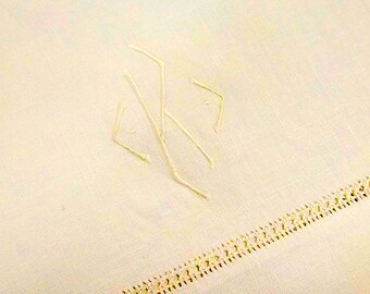 Four "K" Monogram Vintage Linen Service Towels Solid Off White Ladder Hemstitch