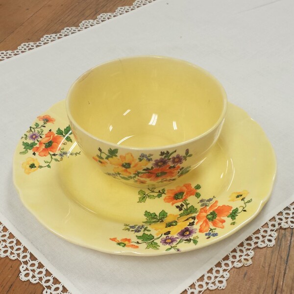 W.S. George ~ Argosy Yelotone China ~ Plate & Bowl ~ yellow, orange, purple poppies