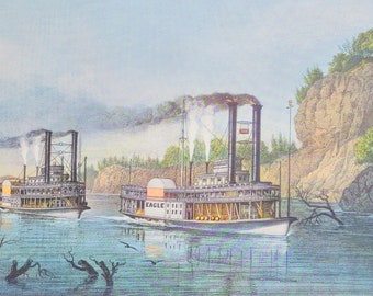A Race On The Mississippi, Currier & Ives Calendar Early American Nautical Print, Steamboat River Scene