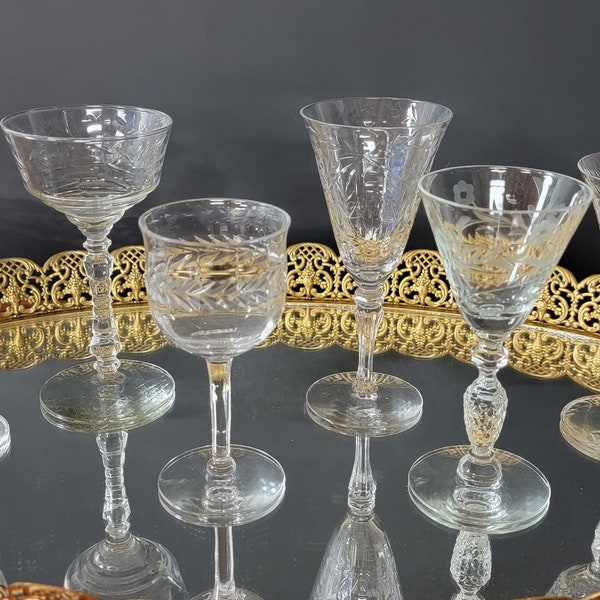6 Mismatched Cordial Glass Goblets Gray Cut Etched Glassware Liqueur Aperitif Tasting Party